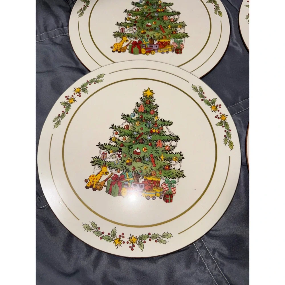 Pimpernel Christmas Tree Cork Backed Round Placemats Set of 6 Holiday Decor